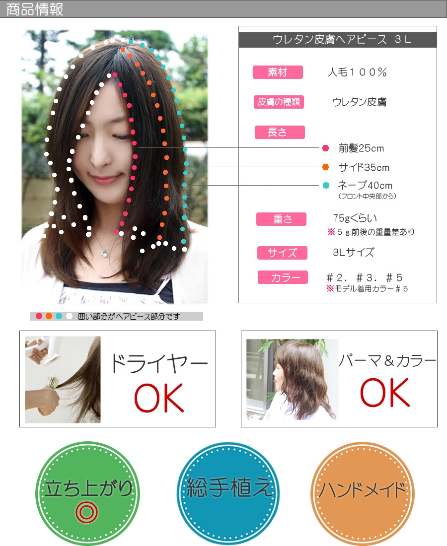 ふんわり髪つむじ ヘアピース3L/大きさ・サイズ