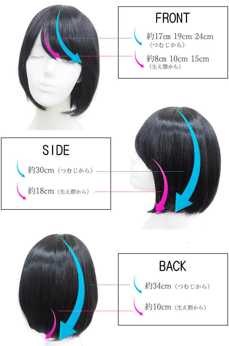 医療用ウィッグ人毛ミックス-前・横・後ろ